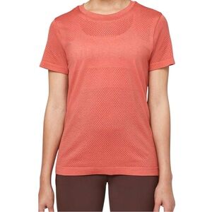 Lululemon Breeze By Short Sleeve Laser Cut Logo Workout Coral Pink Womens 4